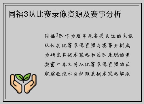 同福3队比赛录像资源及赛事分析